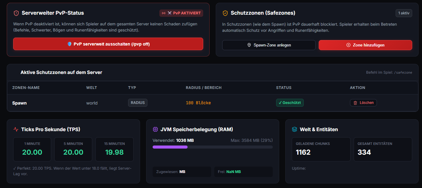 RuneSMP dashboard — live TPS, JVM memory, and world/entity stats